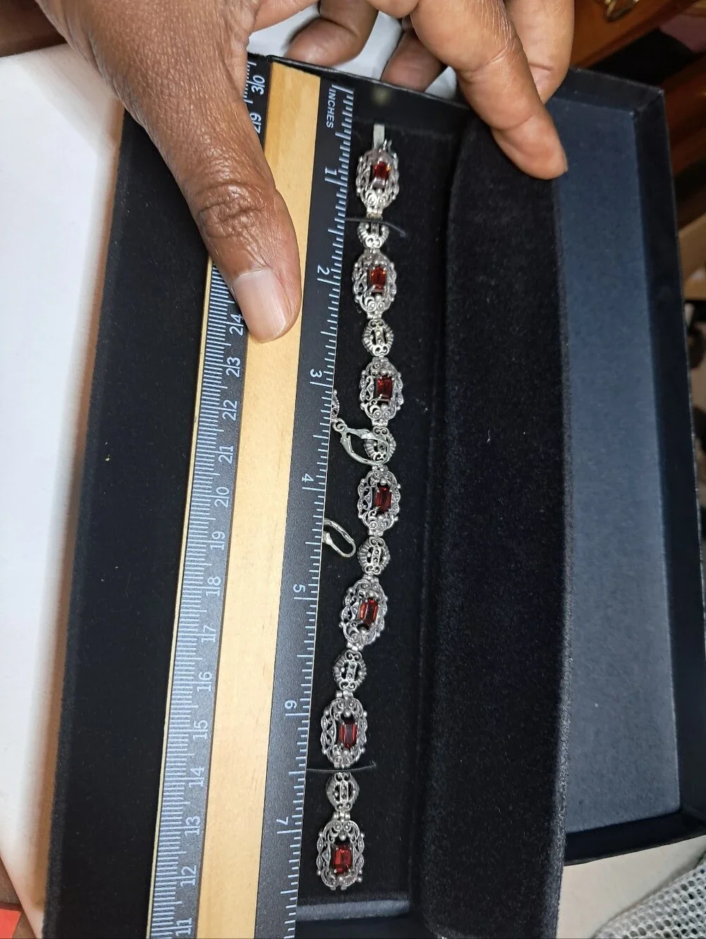 VTG 925 Sterling Silver Garnet Marcasite Filigree Link Bracelet & Earrings Set